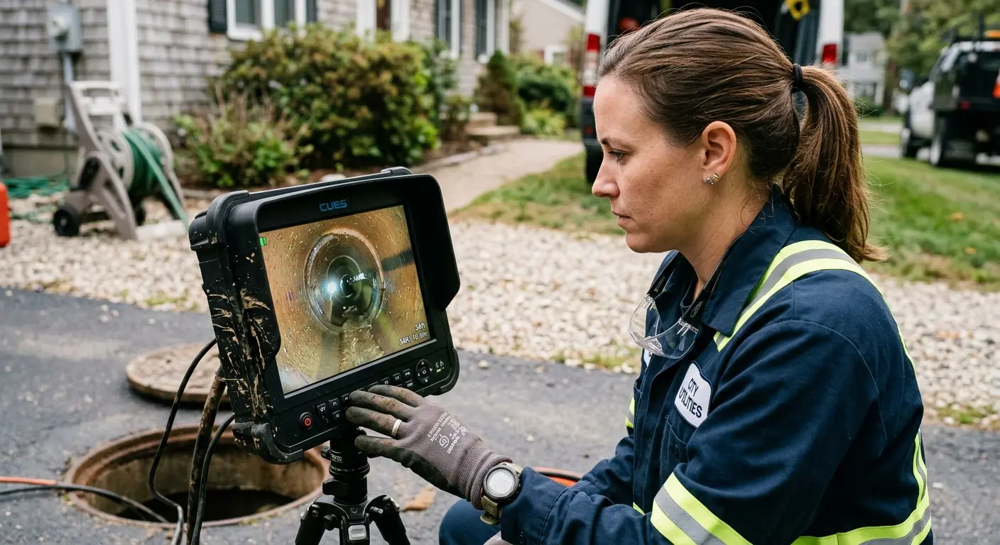 Technician reviewing sewer camera inspection footage in East Allen