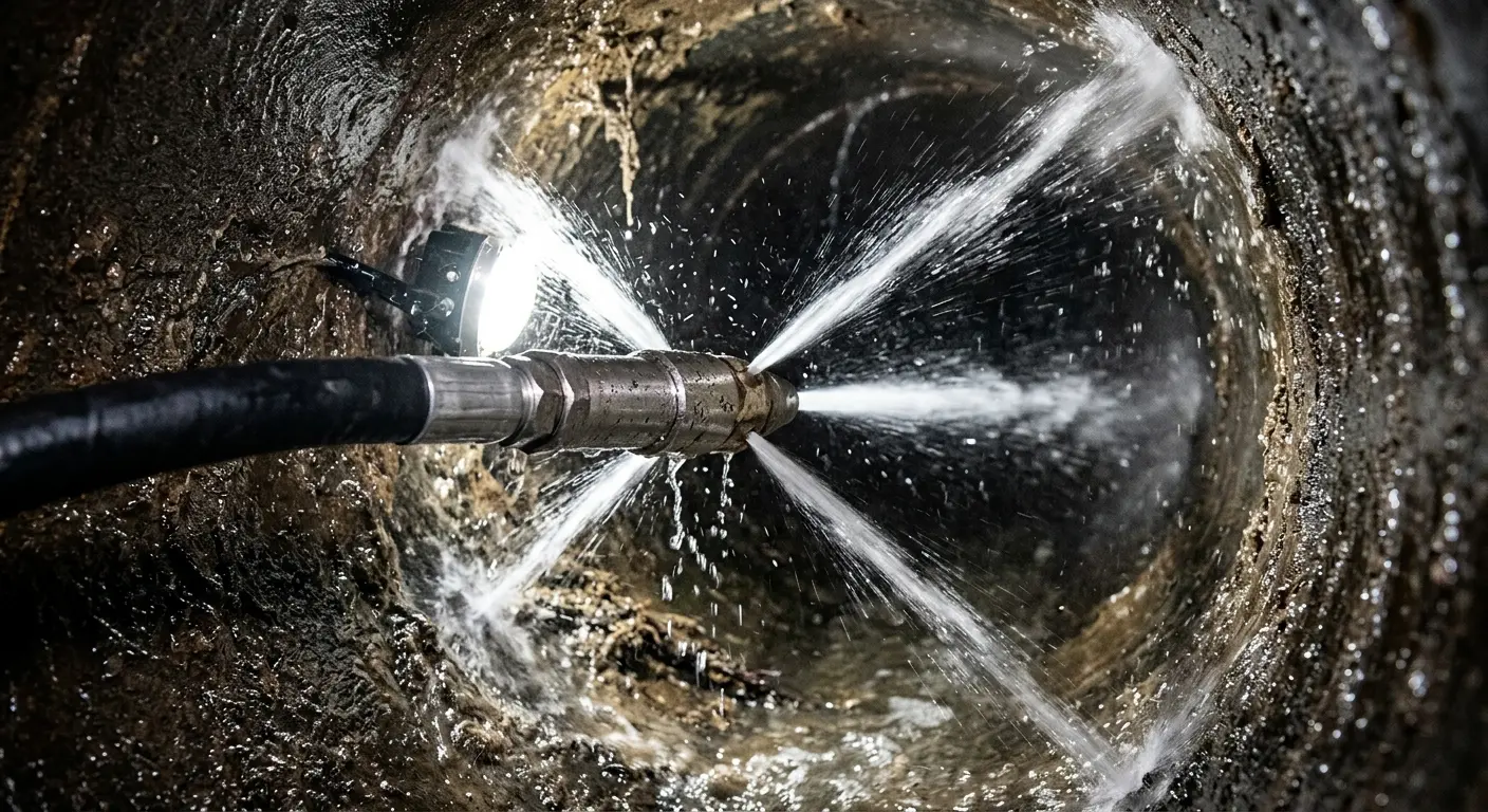 High-pressure hydro jetting nozzle cleaning sewer pipe for Trenchless Sewer Repair in East Allen