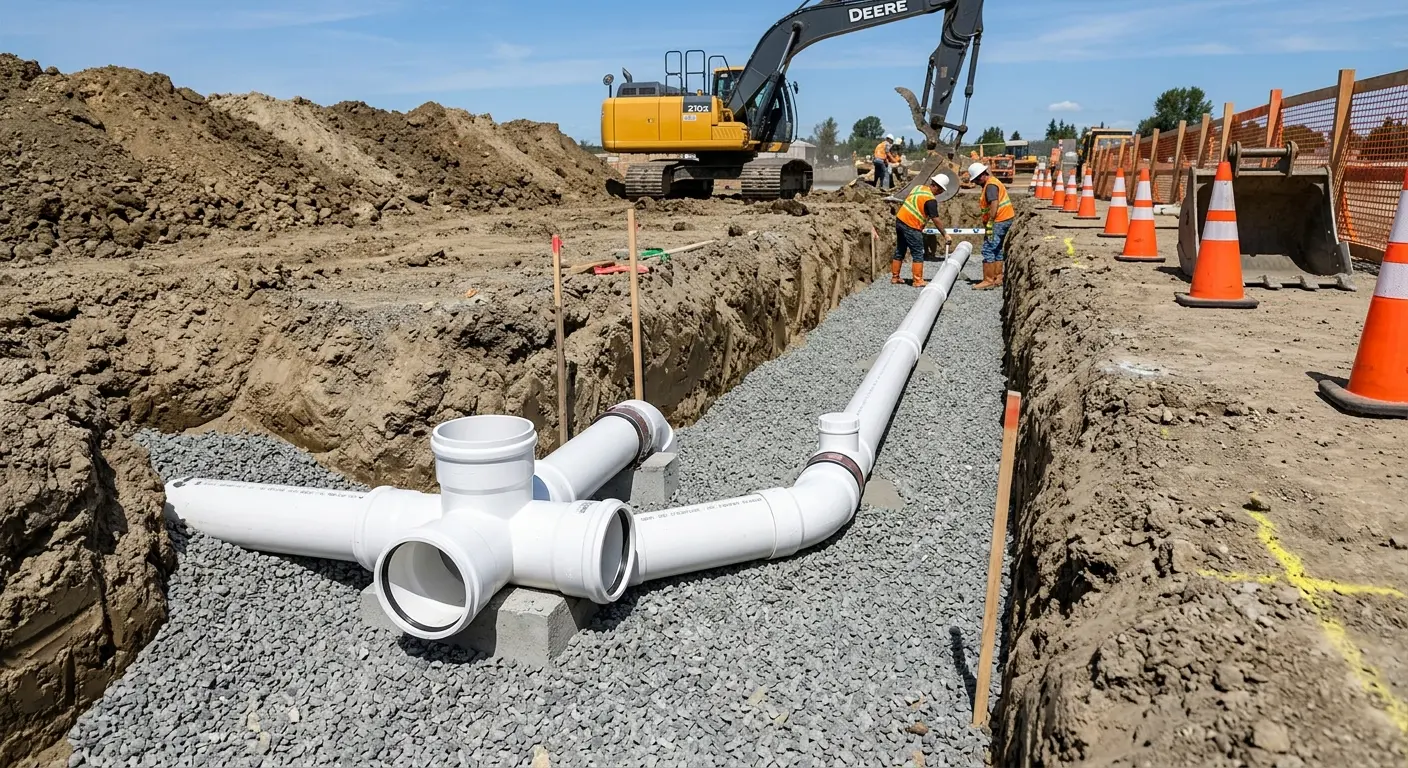 New PVC sewer pipe installation in open trench for Sewer Backup in East Allen
