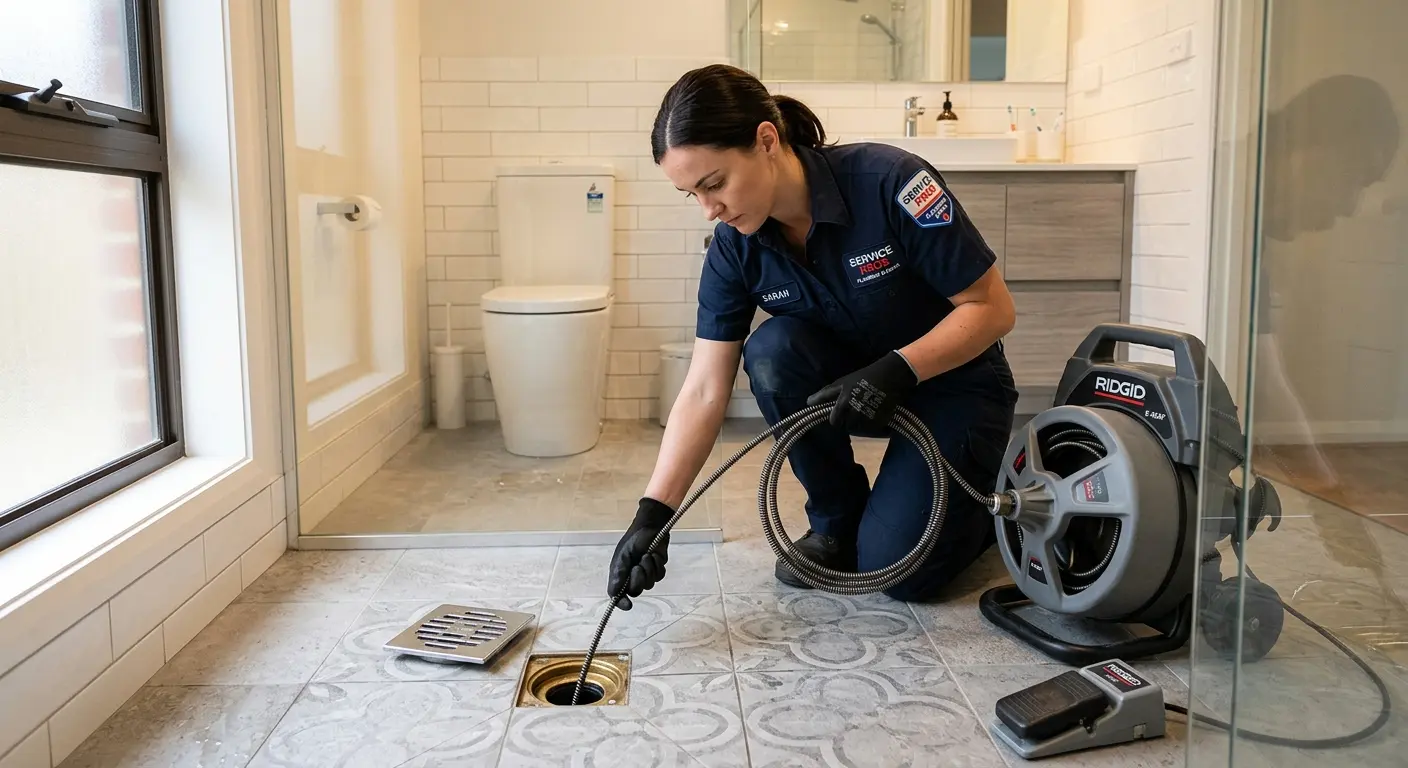 Technician clearing a bathroom floor drain for Hydro Jetting in East Allen